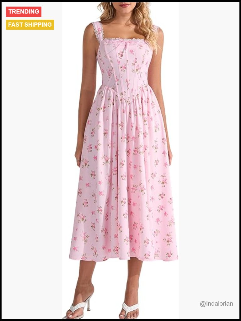 Floral Corset Midi Dress Lace Up Flowy Milkmaid A-Line Square Neck Zipper